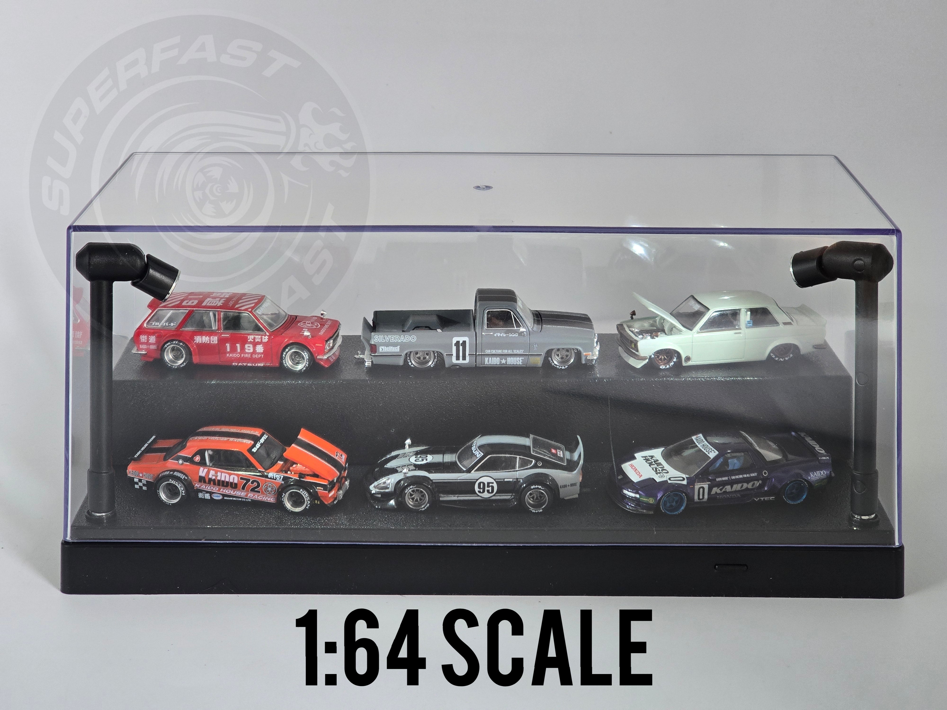 Triple 9 - 1:24, 1:43, 1:64 LED DISPLAY CASE, 2 ADJUSTABLE LIGHTS 27 X 12.5 X 12CM WITH BLACK BASE - T9-439905BK