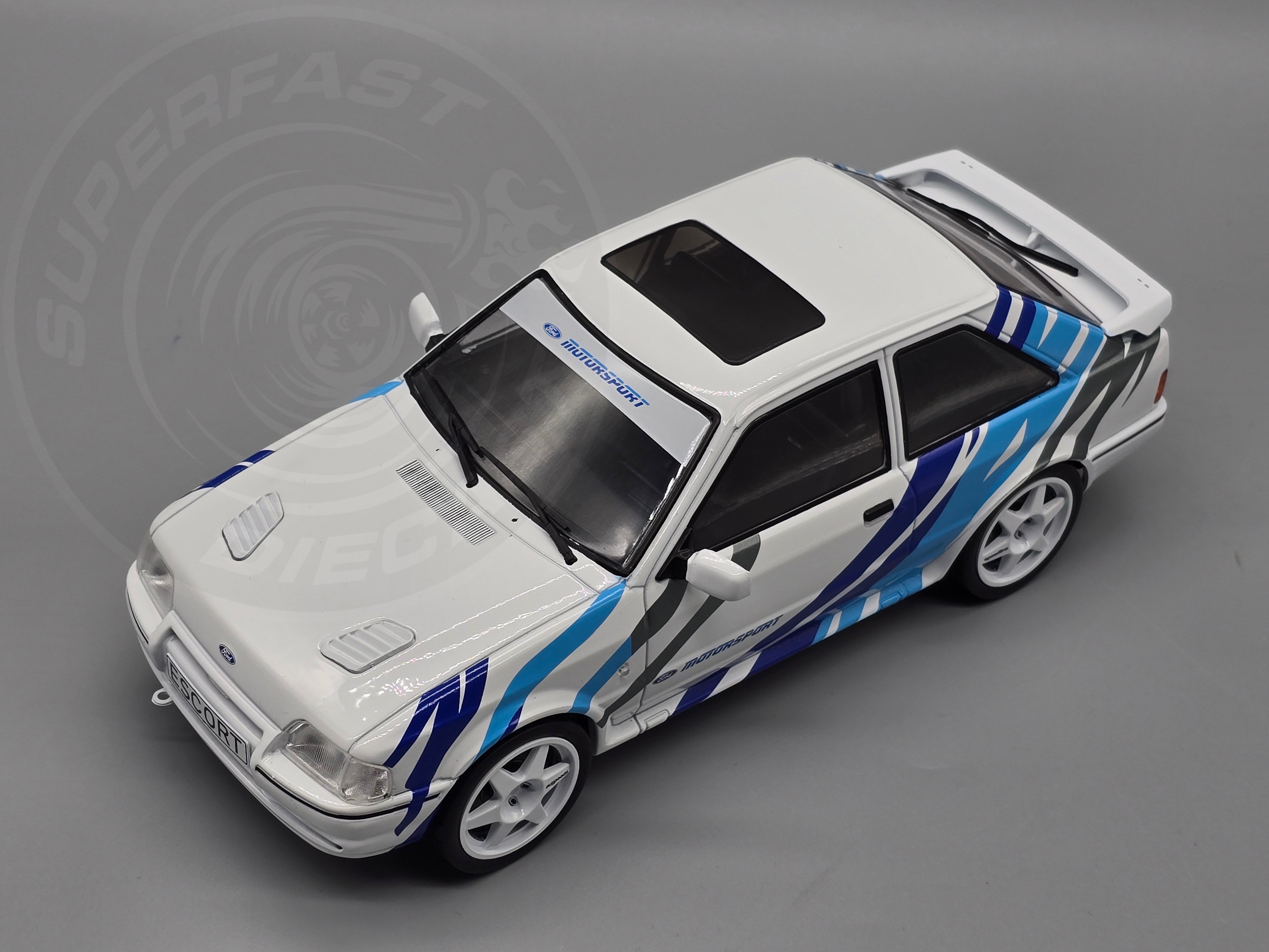 MCG 1:18 1990 Ford Escort Mk4 RS Turbo (Series 2) - White/Blue Tiger Stripes - MCG18547