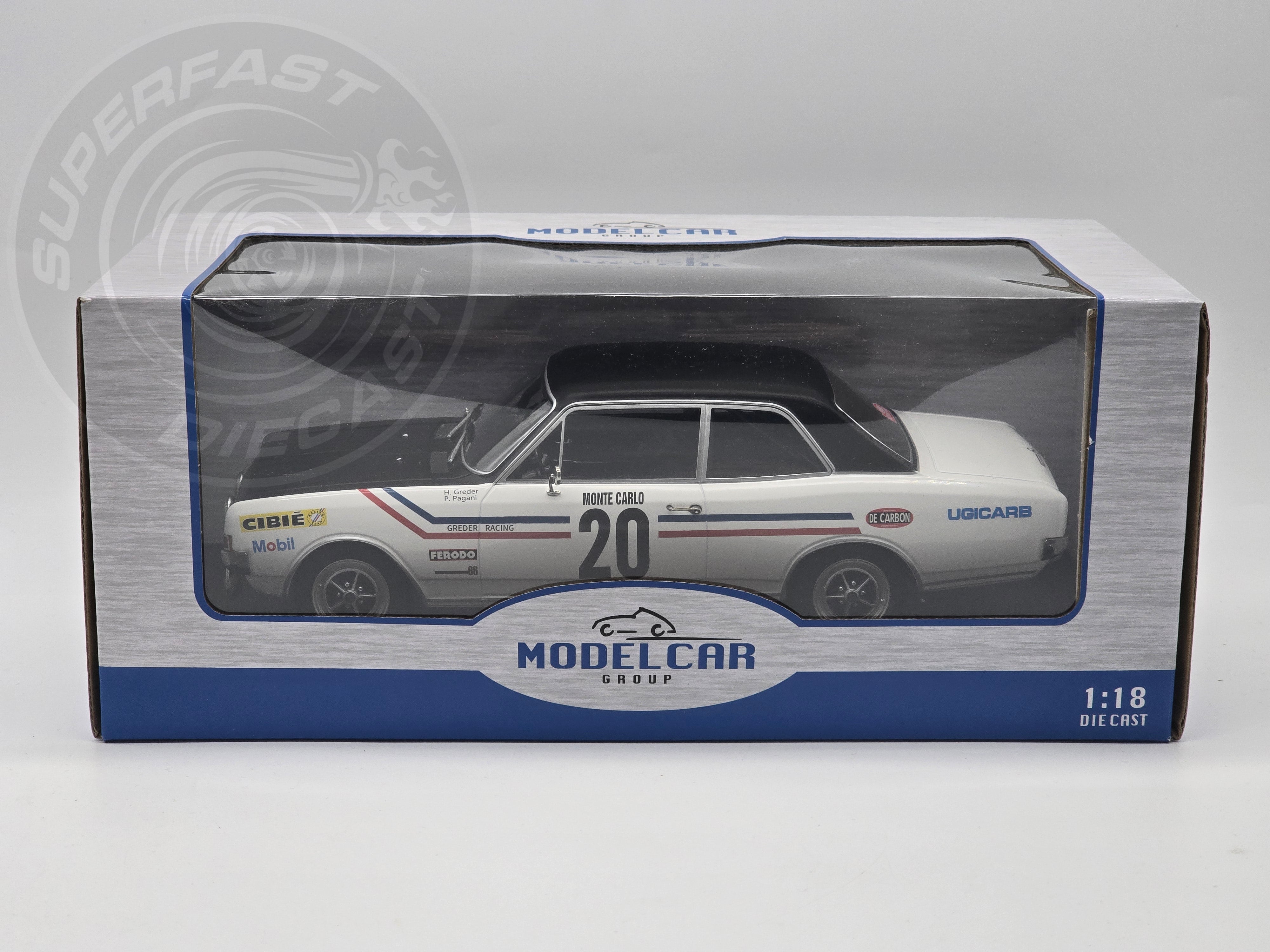 MCG 1:18 Scale Diecast - Opel Commodore Rally WM, Rally Monte Carlo, 1971, #20, H.Greder/P.Pagani, White/Black - MCG18561