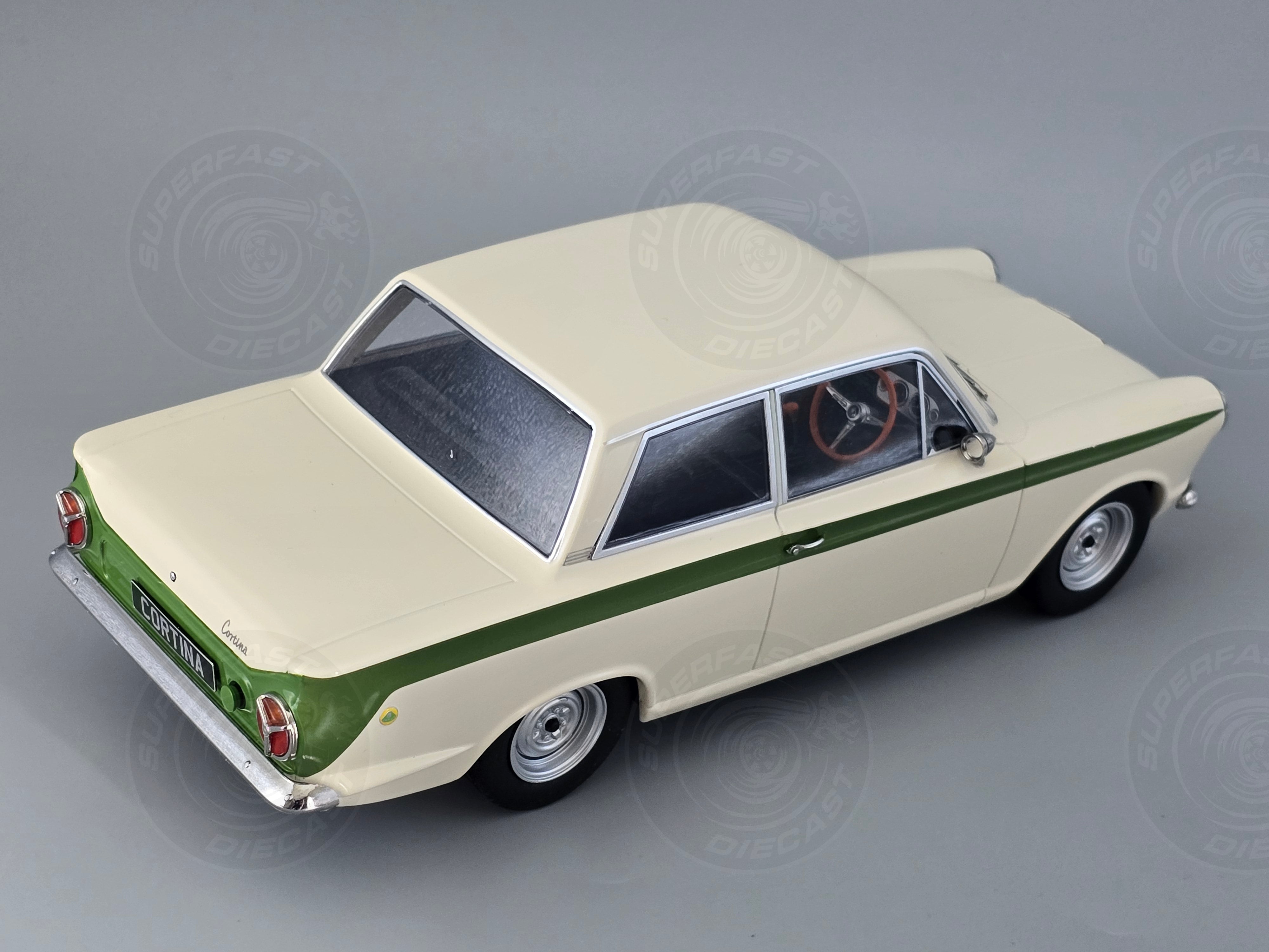 MCG 1:18 Scale Diecast -  1965 Ford Lotus Cortina Mk1 in White/Green (RHD) - MCG18434