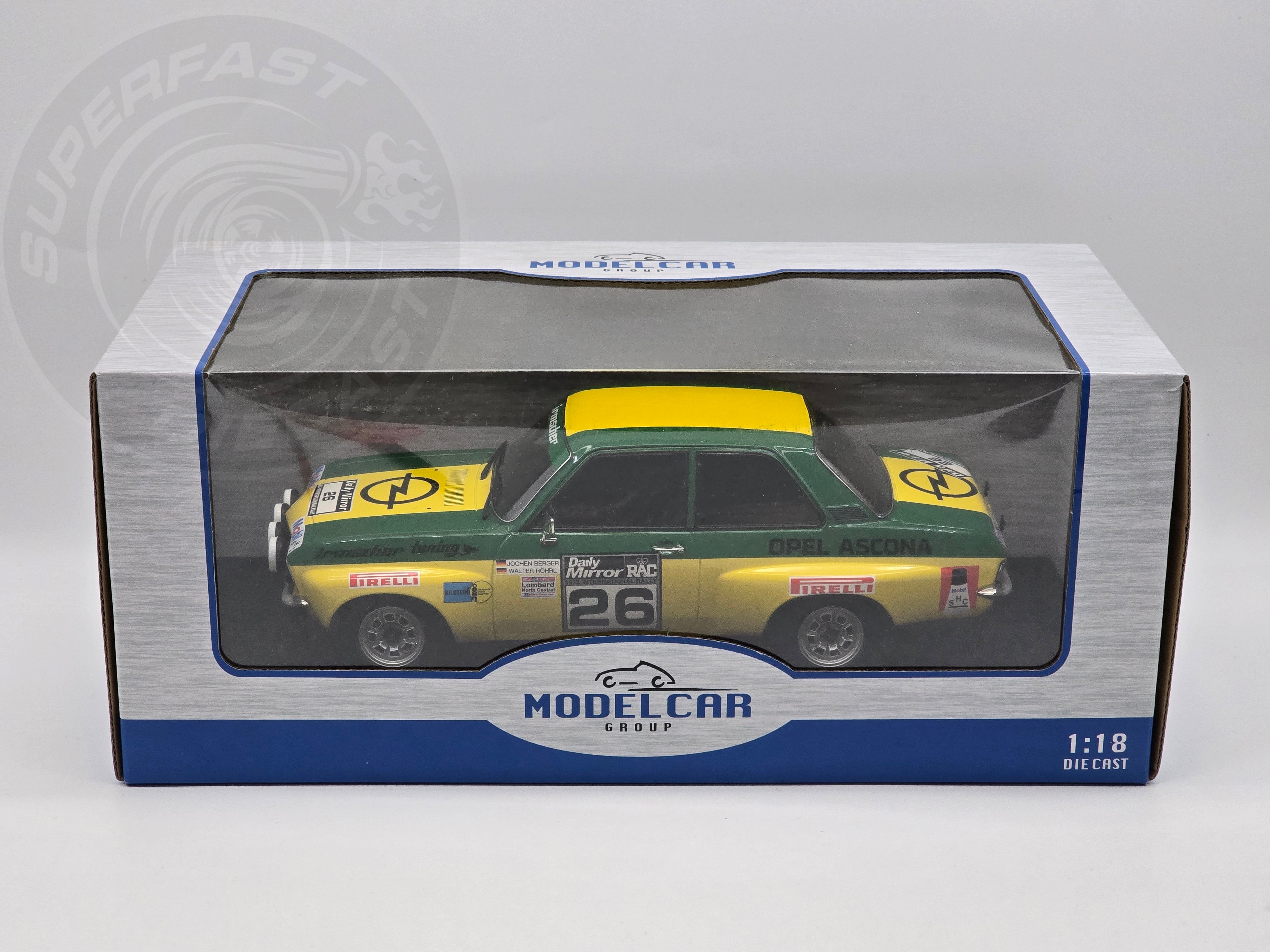 MCG 1:18 Diecast - Opel Ascona A, RAC Rally, 1973, #26, W.Röhrl/J.Berger, Yellow/Green - MCG18346R
