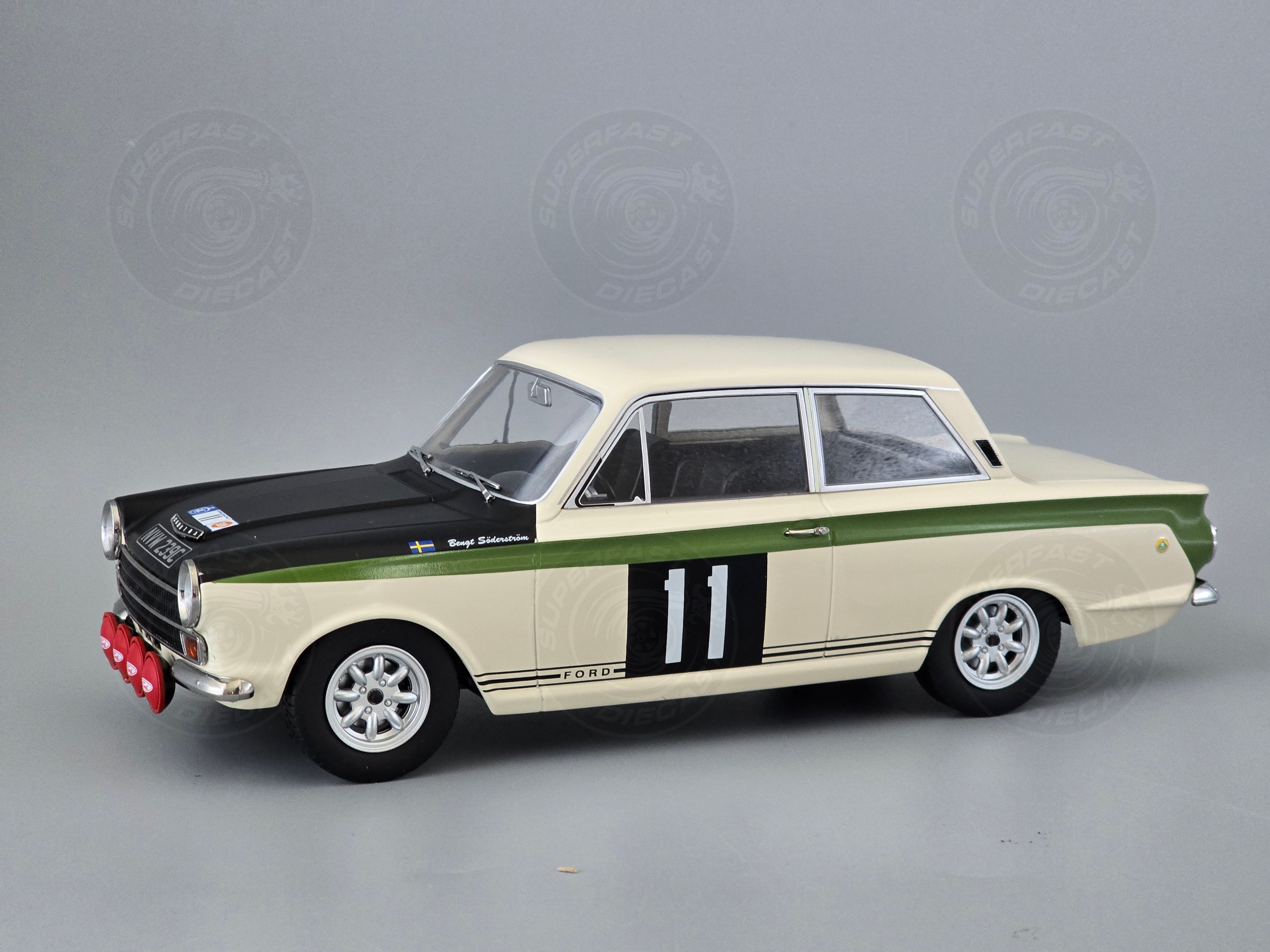 MCG 1:18 Scale Diecast - 1966 Ford Lotus Cortina Mk1  #11 RAC Rally B.Soderstrom/G.Palm - MCG18435