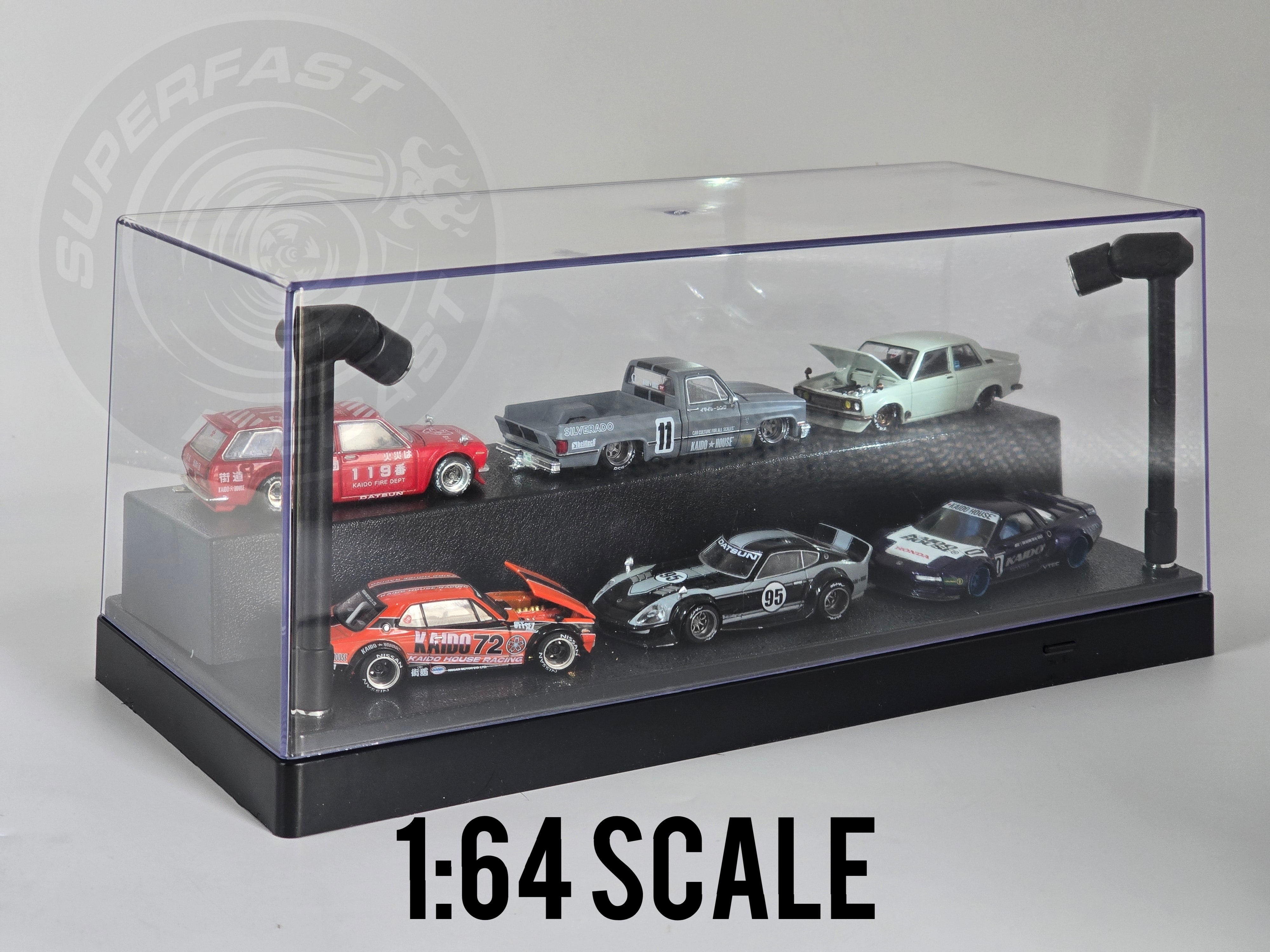 Triple 9 - 1:24, 1:43, 1:64 LED DISPLAY CASE, 2 ADJUSTABLE LIGHTS 27 X 12.5 X 12CM WITH BLACK BASE - T9-439905BK
