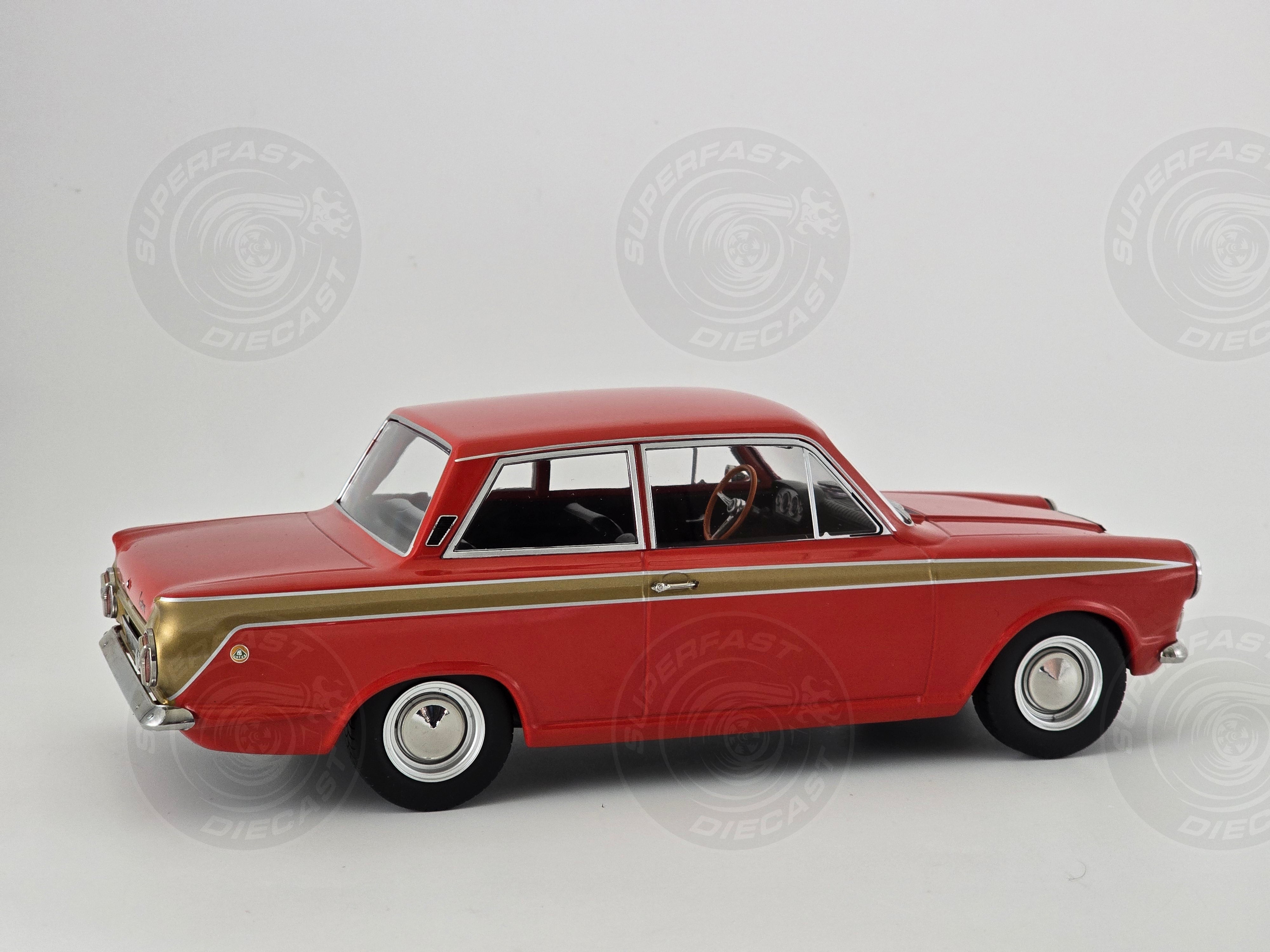 MCG 1:18 Scale Diecast -  1965 Ford Lotus Cortina Mk1 in Red/Gold (LHD) - MCG18532