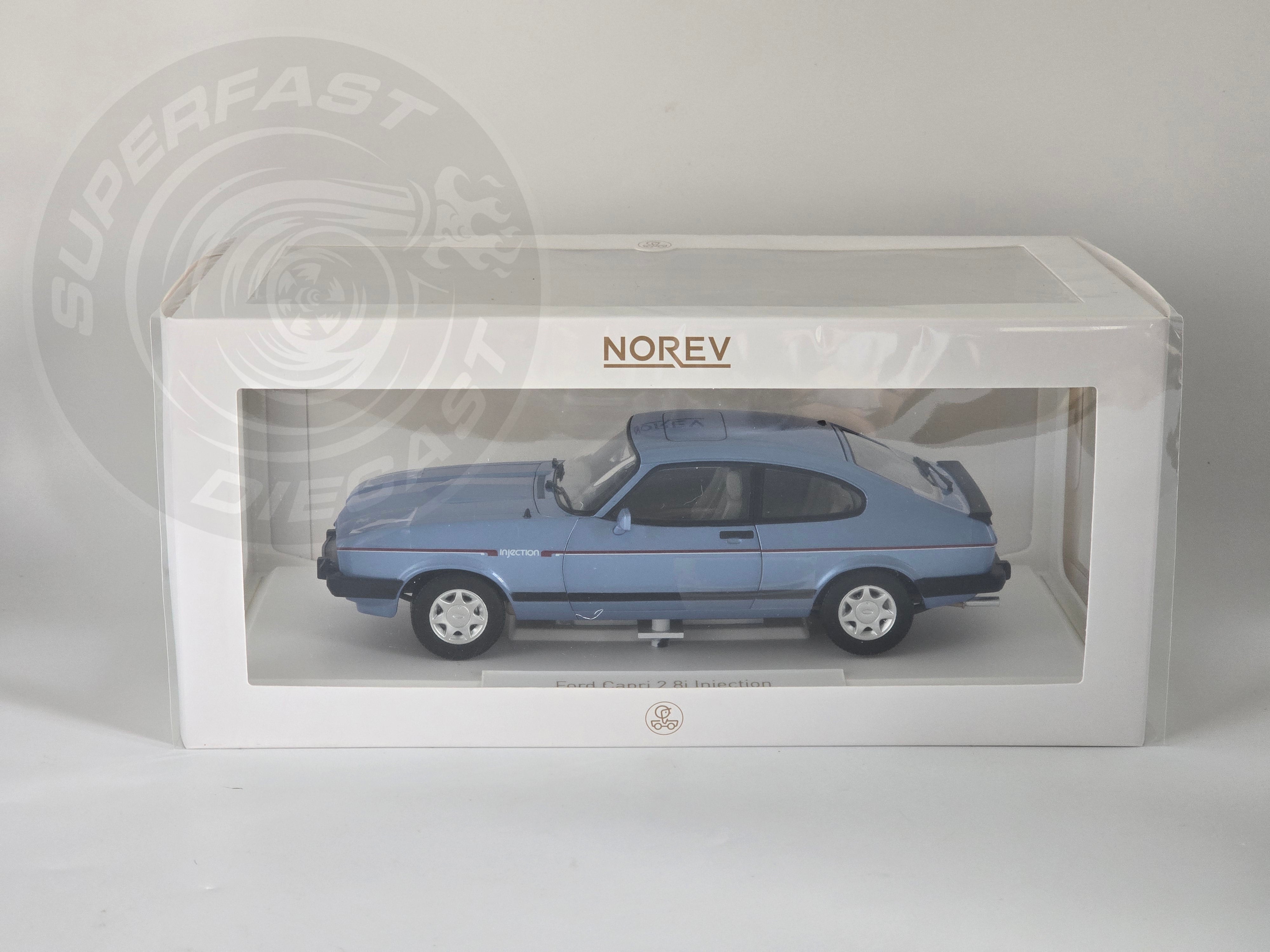 NoRev 1:18 Diecast Model Car, 1984 Ford Capri Mk3 2.8 Injection RHD, Paris Blue - 182764