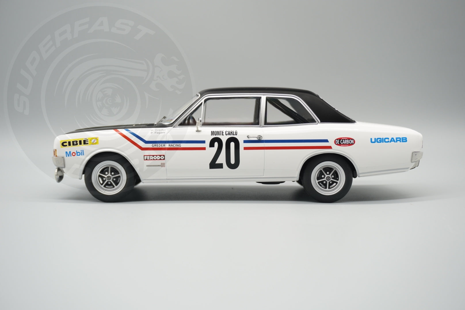 MCG 1:18 Scale Diecast - Opel Commodore Rally WM, Rally Monte Carlo, 1971, #20, H.Greder/P.Pagani, White/Black - MCG18561