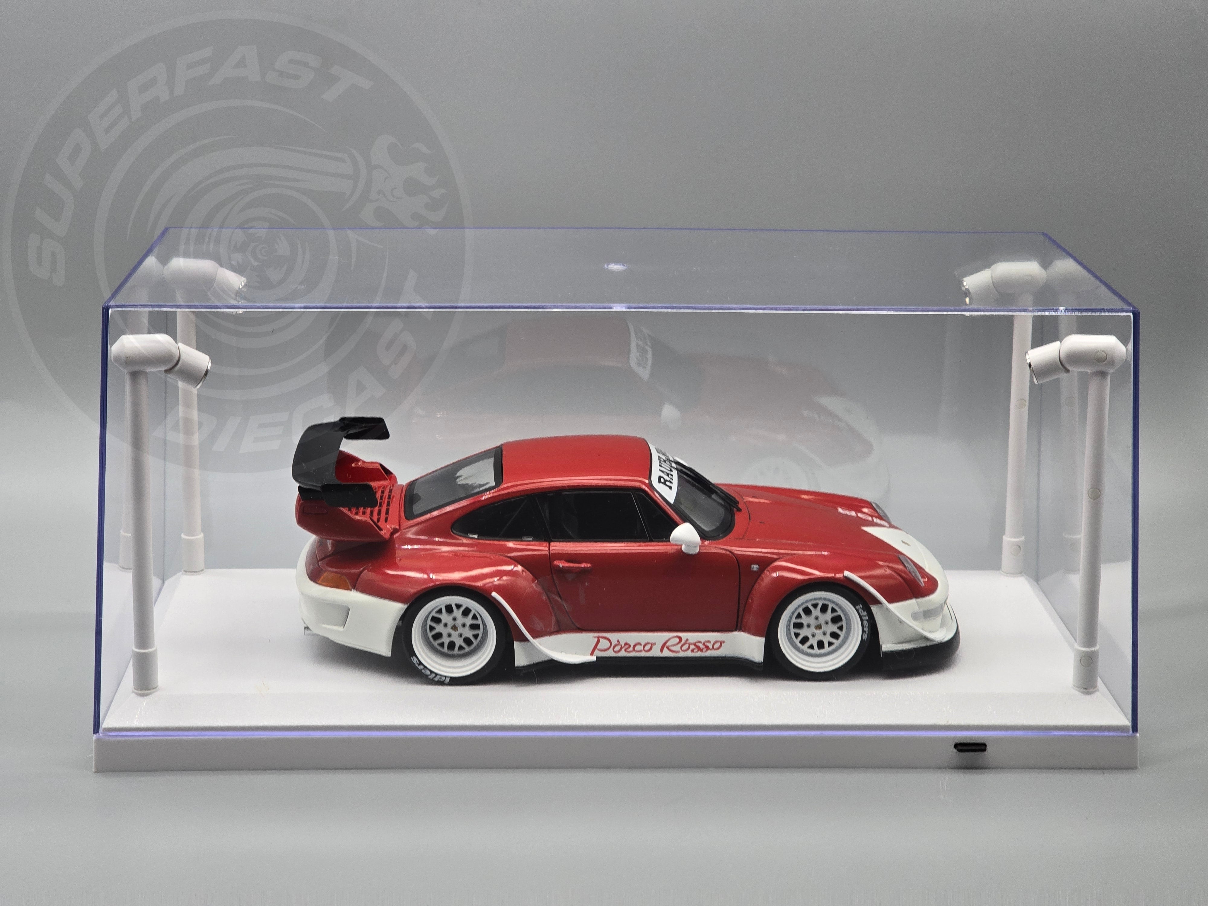 Triple 9 - 1:18 LED DISPLAY CASE, 4 ADJUSTABLE LIGHTS 35 X 15 X 16CM WITH WHITE BASE - T9-189921