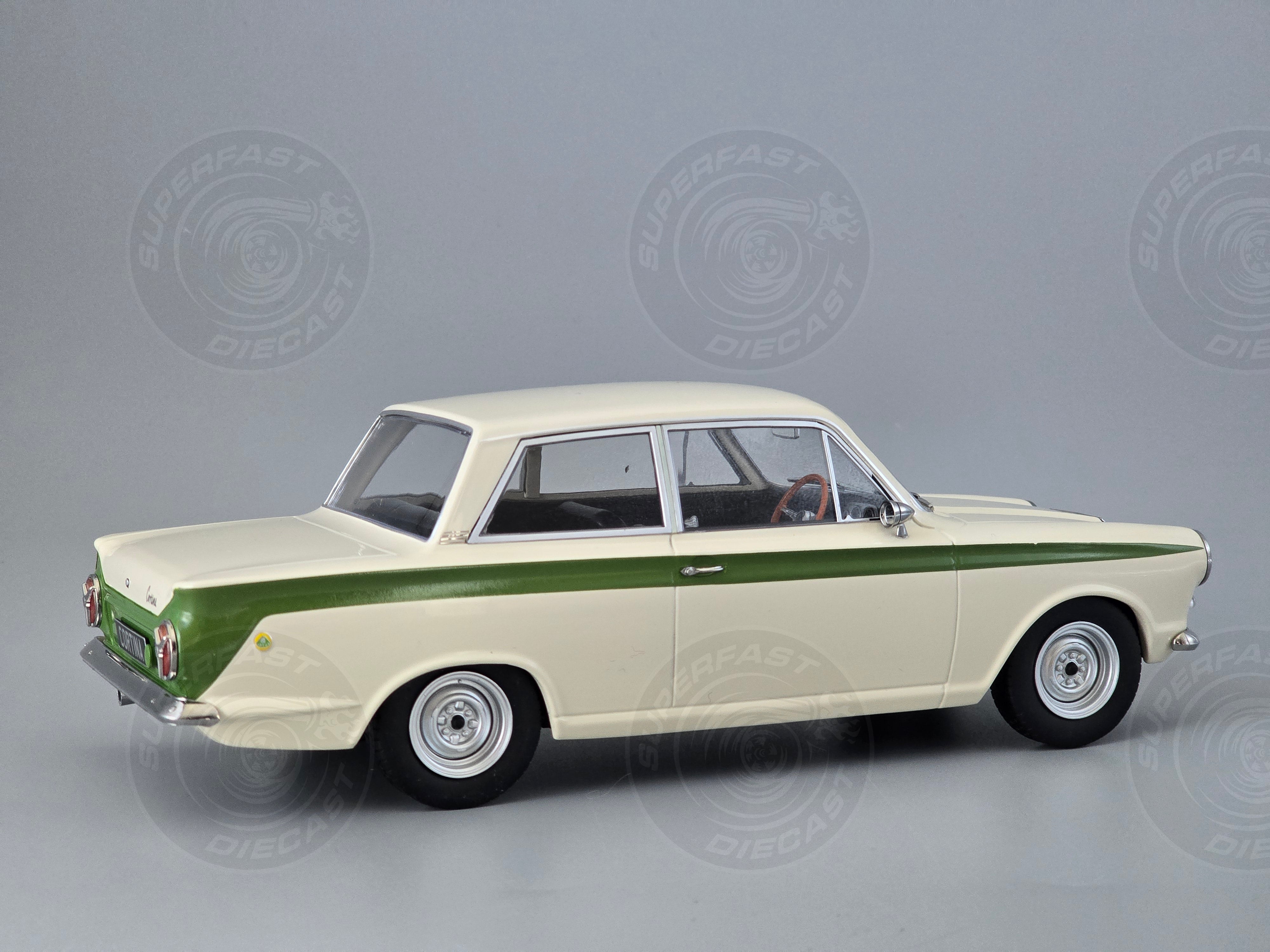 MCG 1:18 Scale Diecast -  1965 Ford Lotus Cortina Mk1 in White/Green (RHD) - MCG18434