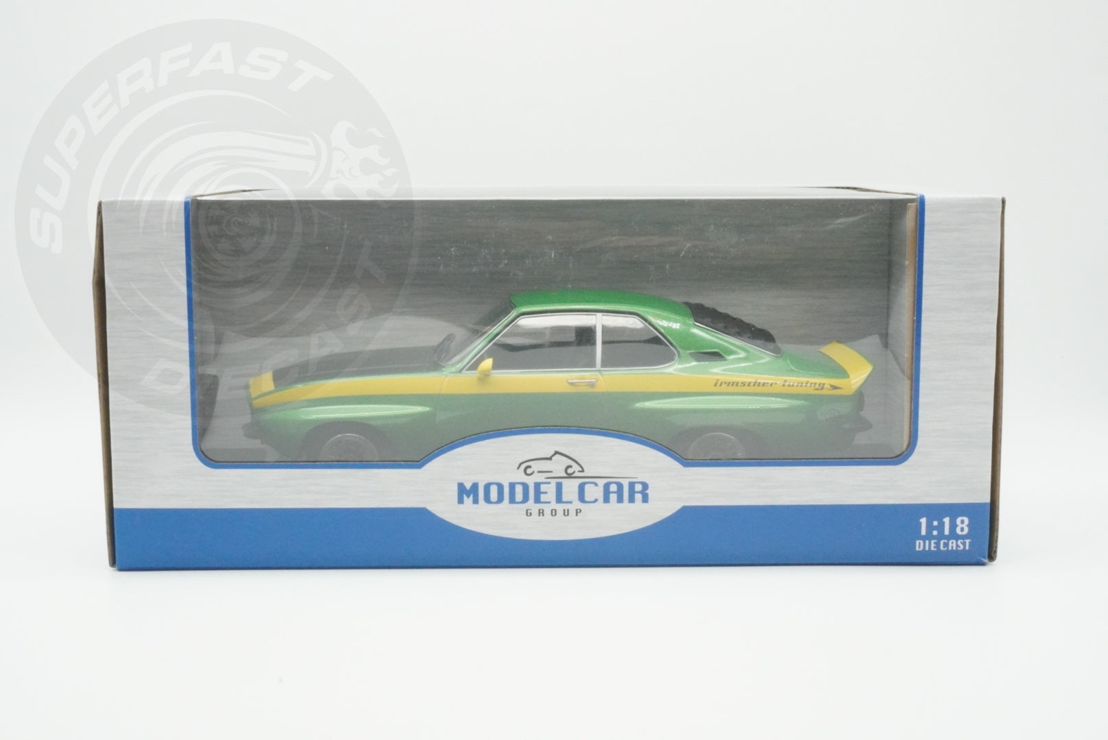 MCG 1:18 Scale Diecast - 1974 Opel Manta A Irmscher, Green/Yellow - MCG18425