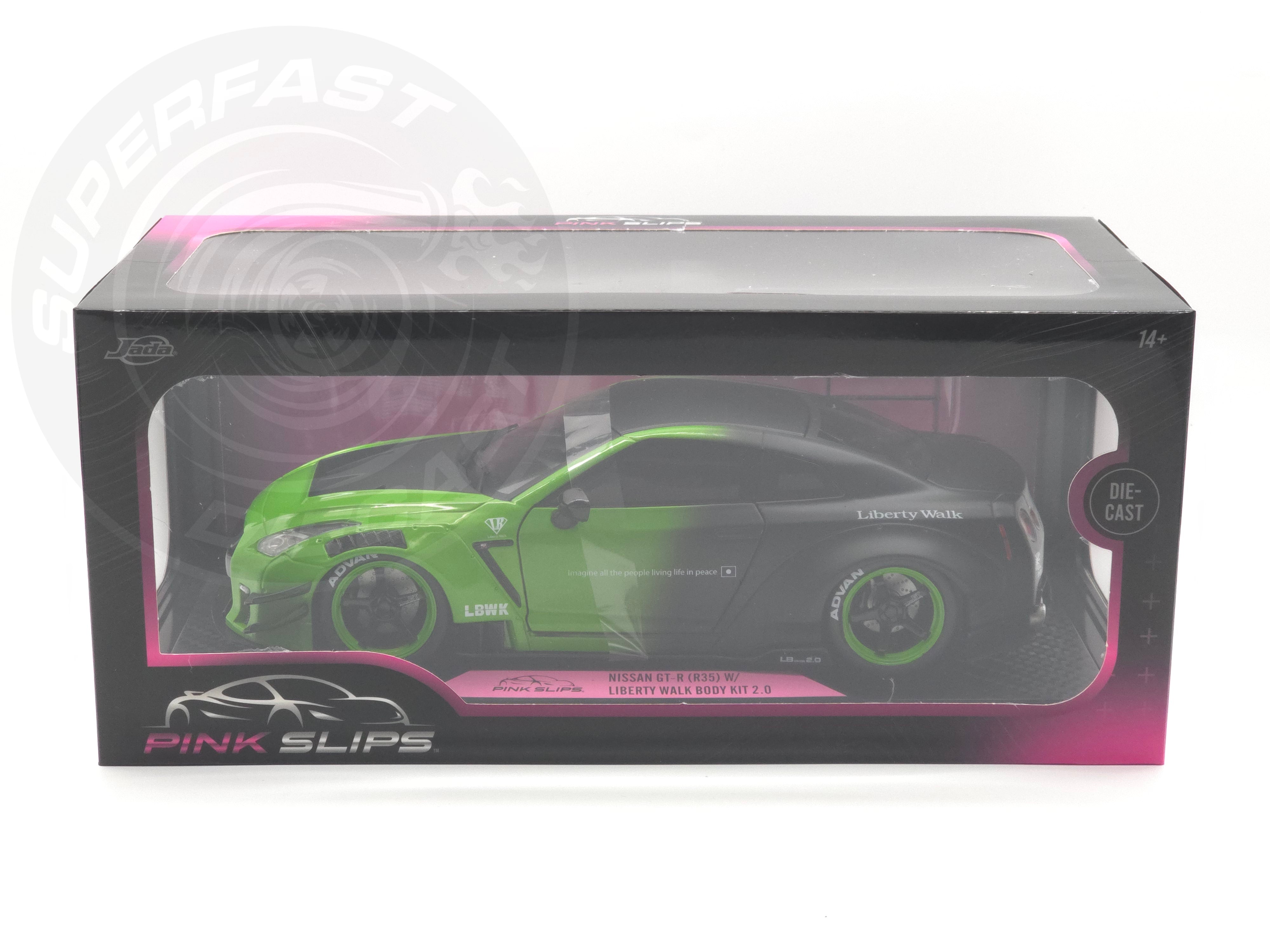 Jada 1:18 Scale Diecast - Pink Slips - Nissan GT-R (R35) with Libery Walk Body Kit 2.0, Green/Black - 35724