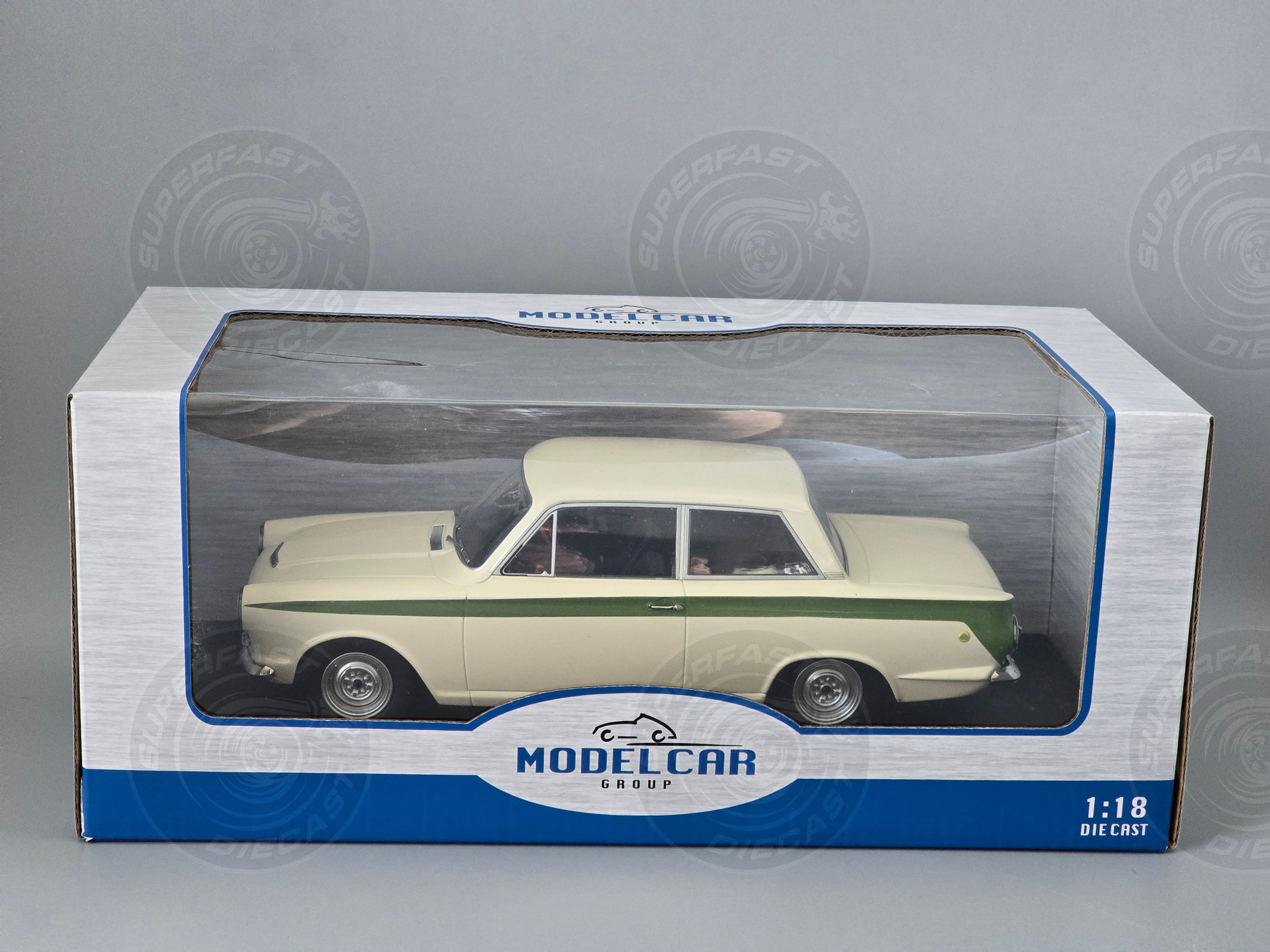 MCG 1:18 Scale Diecast -  1965 Ford Lotus Cortina Mk1 in White/Green (RHD) - MCG18434