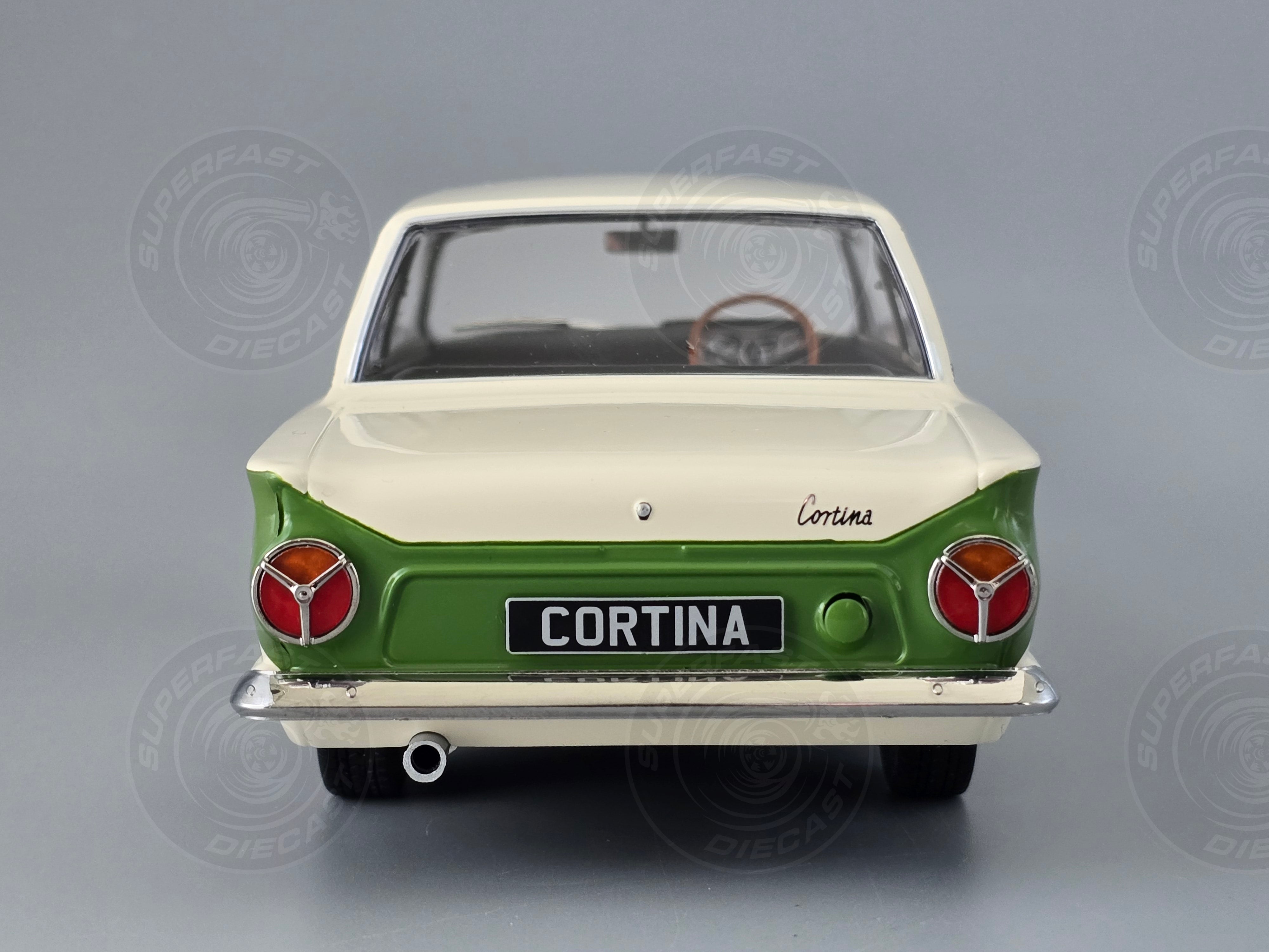 MCG 1:18 Scale Diecast -  1965 Ford Lotus Cortina Mk1 in White/Green (RHD) - MCG18434