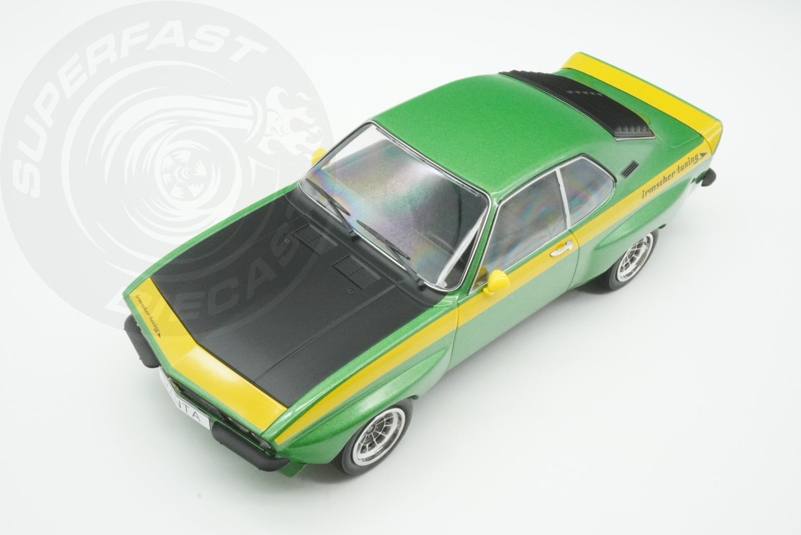MCG 1:18 Scale Diecast - 1974 Opel Manta A Irmscher, Green/Yellow - MCG18425