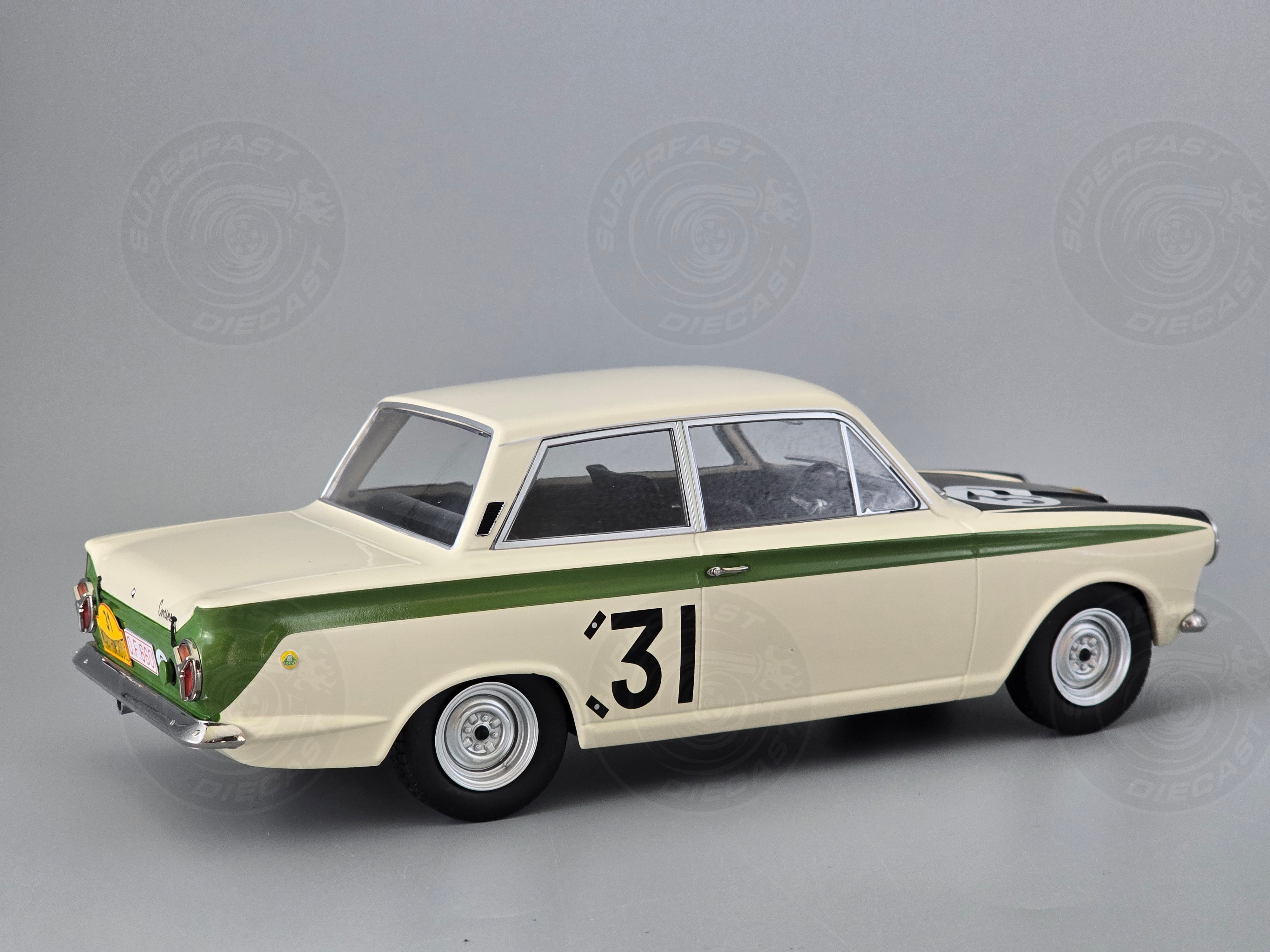 MCG 1:18 Scale Diecast - 1966 Ford Lotus Cortina Mk1  #31 Marathon de la Route J.Ickx/G.Staepelaere - MCG18436