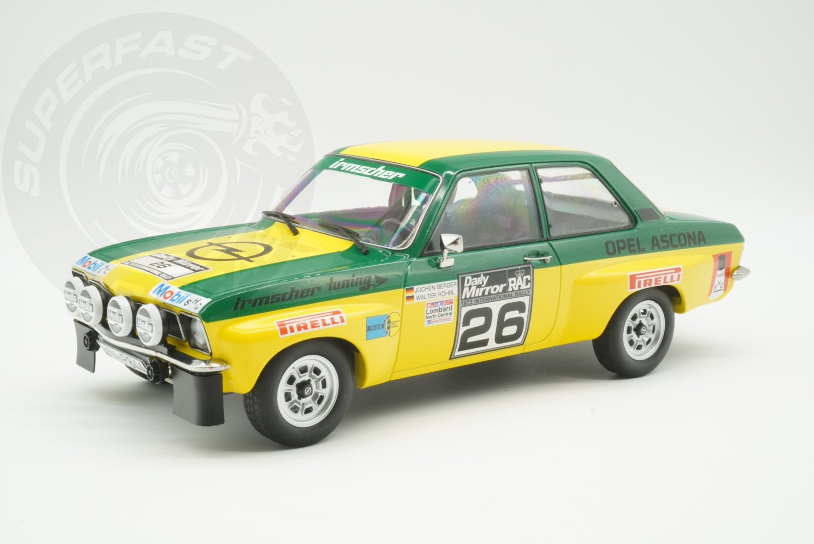 MCG 1:18 Diecast - Opel Ascona A, RAC Rally, 1973, #26, W.Röhrl/J.Berger, Yellow/Green - MCG18346R