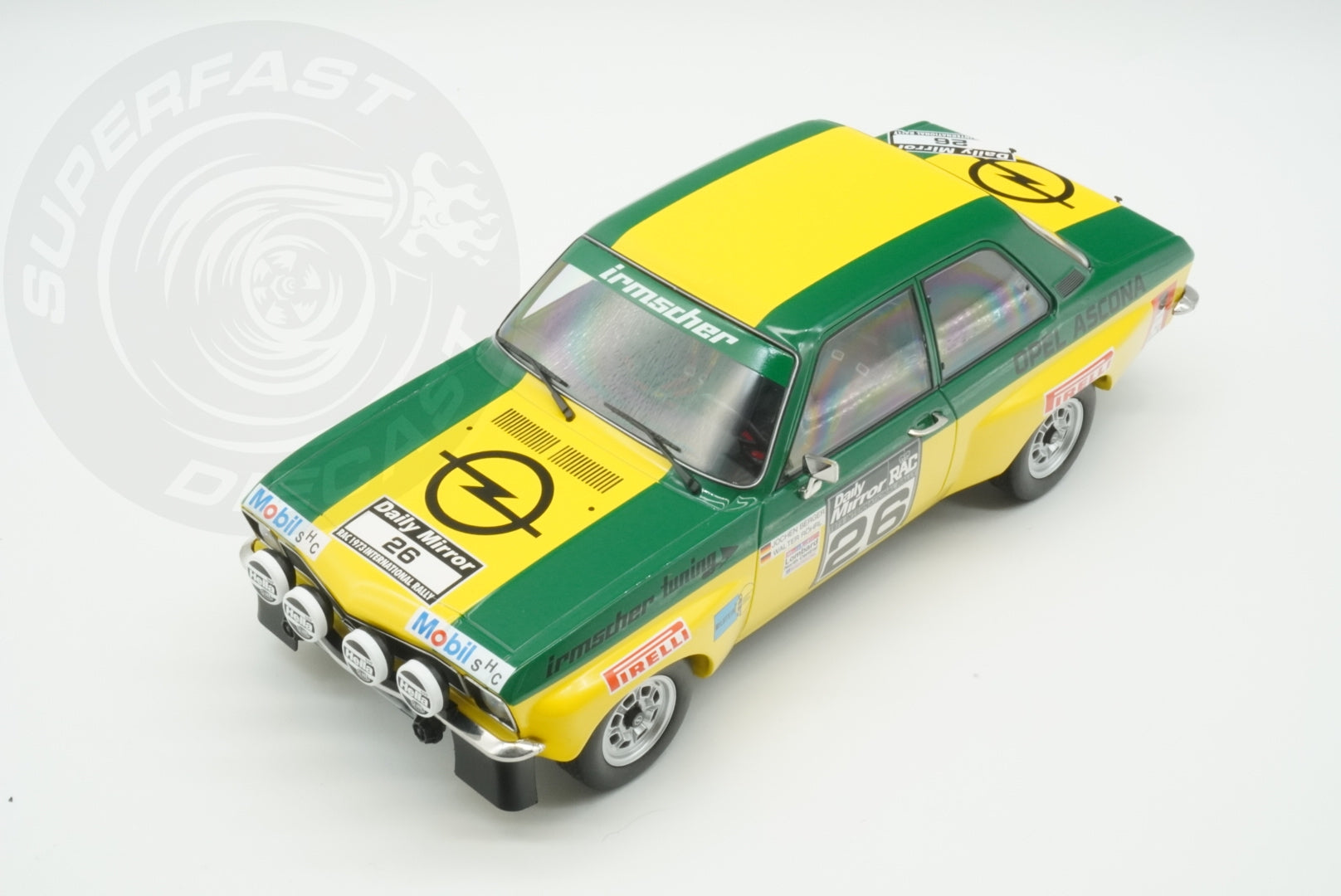 MCG 1:18 Diecast - Opel Ascona A, RAC Rally, 1973, #26, W.Röhrl/J.Berger, Yellow/Green - MCG18346R