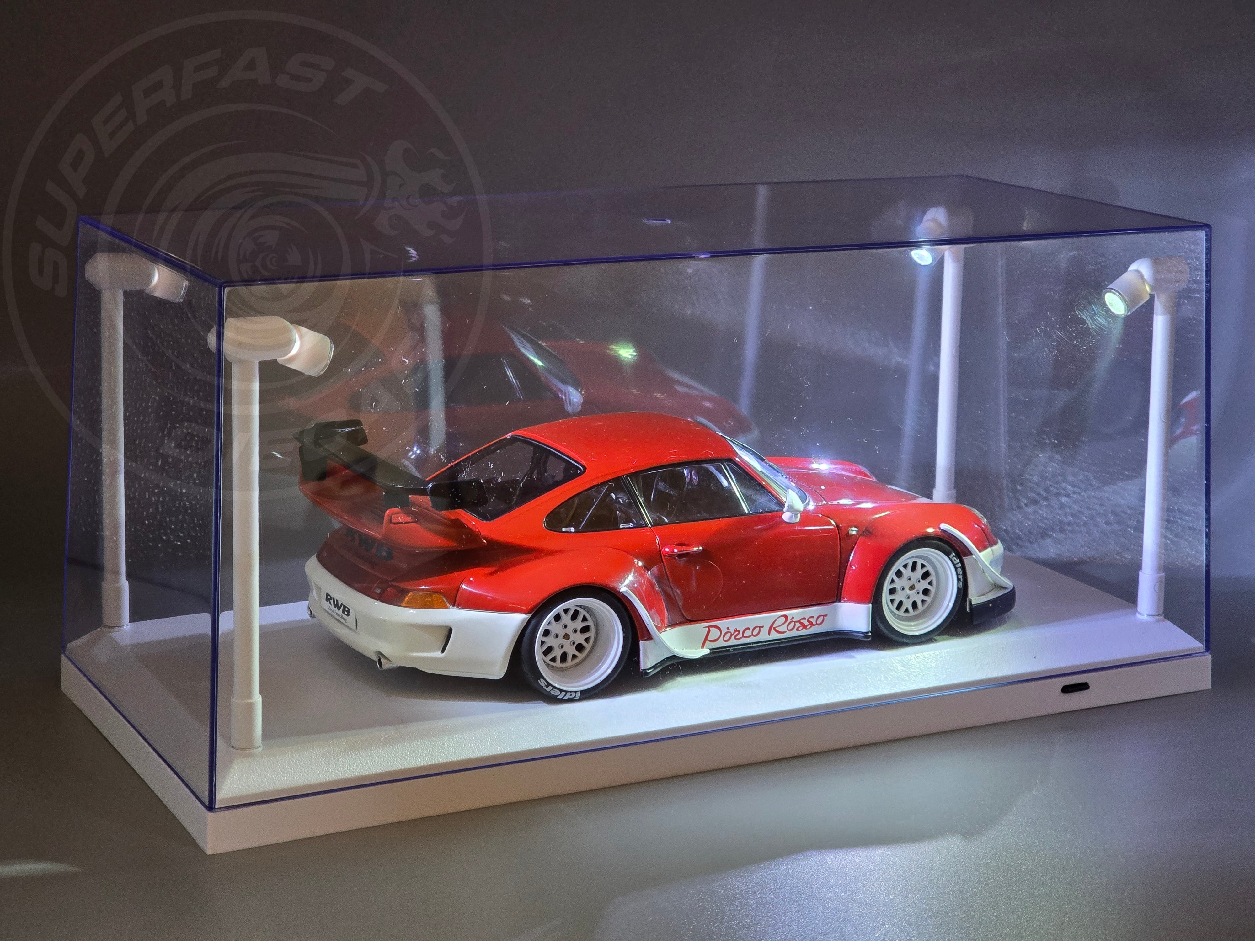Triple 9 - 1:18 LED DISPLAY CASE, 4 ADJUSTABLE LIGHTS 35 X 15 X 16CM WITH WHITE BASE - T9-189921