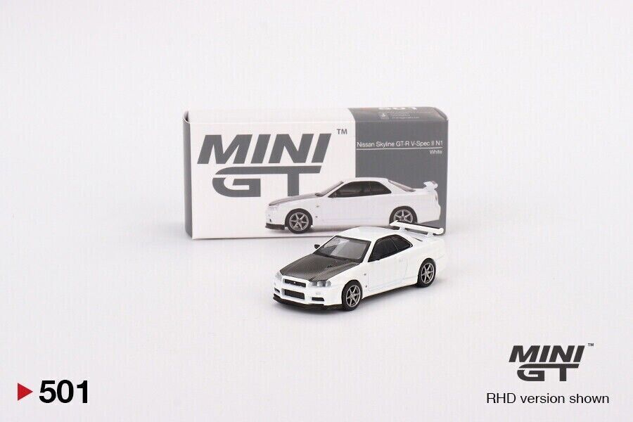 Mini GT 1:64 Die-cast Car #501 Nissan Skyline GT-R (R34) V-Spec II N1 White RHD