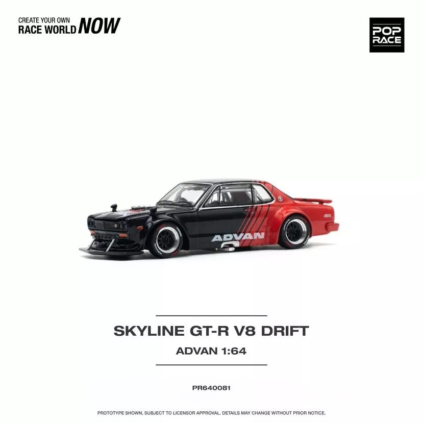 Pop Race 1:64 Diecast - Nissan Skyline GT-R V8 Drift (Hakosuka), ADVAN, Black/Red- PR64-81
