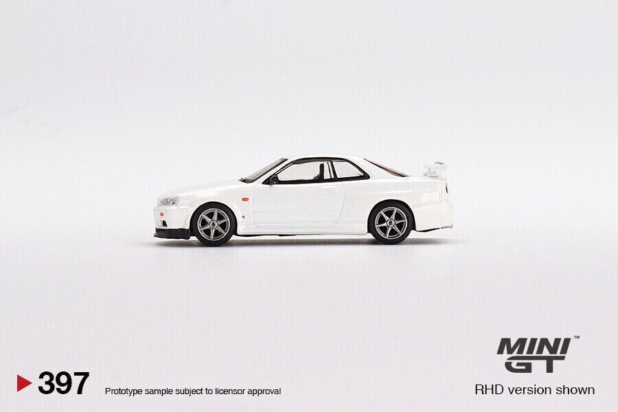 Mini GT 1:64 Die-cast Car #397 Nissan Skyline GT-R (R34) V-Spec N1 White RHD