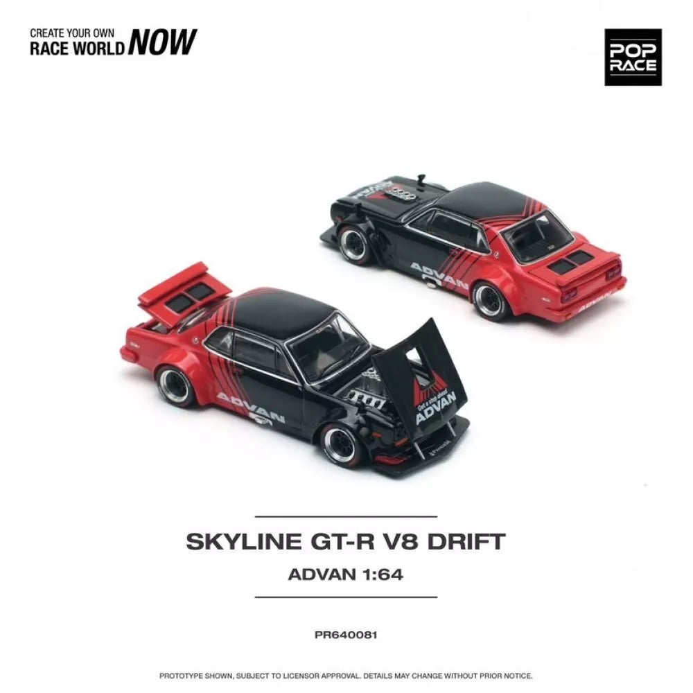 Pop Race 1:64 Diecast - Nissan Skyline GT-R V8 Drift (Hakosuka), ADVAN, Black/Red- PR64-81