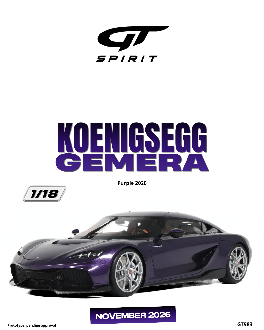 GT Spirit 1:18 Scale Resin, 2020 KOENIGSEGG GEMERA,  PURPLE - GT983