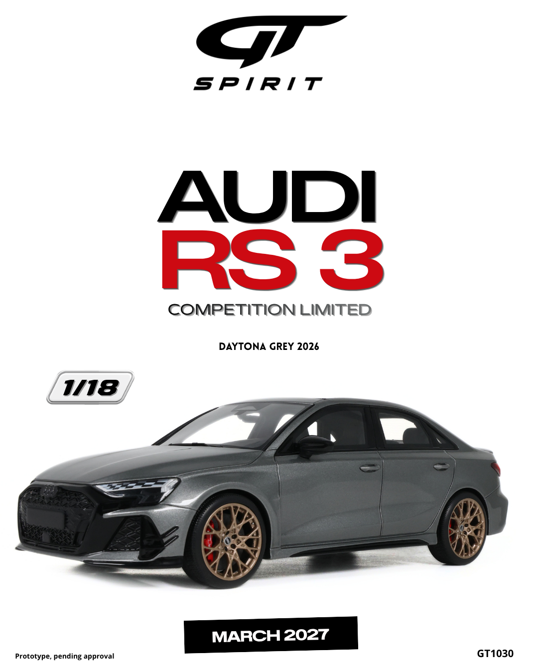 GT Spirit 1:18 Scale Resin, 2026 AUDI RS 3 COMPETITION LIMITED, DAYTONA GREY - GT1030
