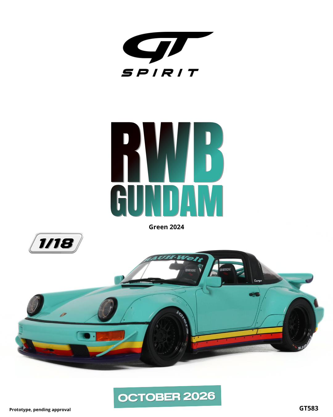 GT Spirit 1:18 Scale Resin,  2024 Porsche 911 RWB, GUNDAM GREEN - GT583