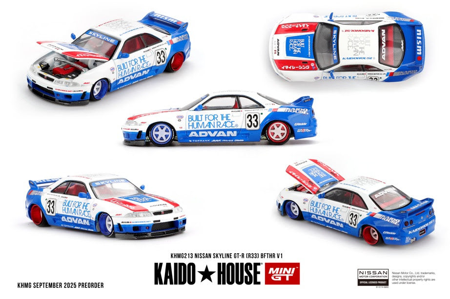 Mini GT Kaido House 1:64 Nissan Skyline GT-R (R33) BFTHR V1, White/Blue - KHMG213