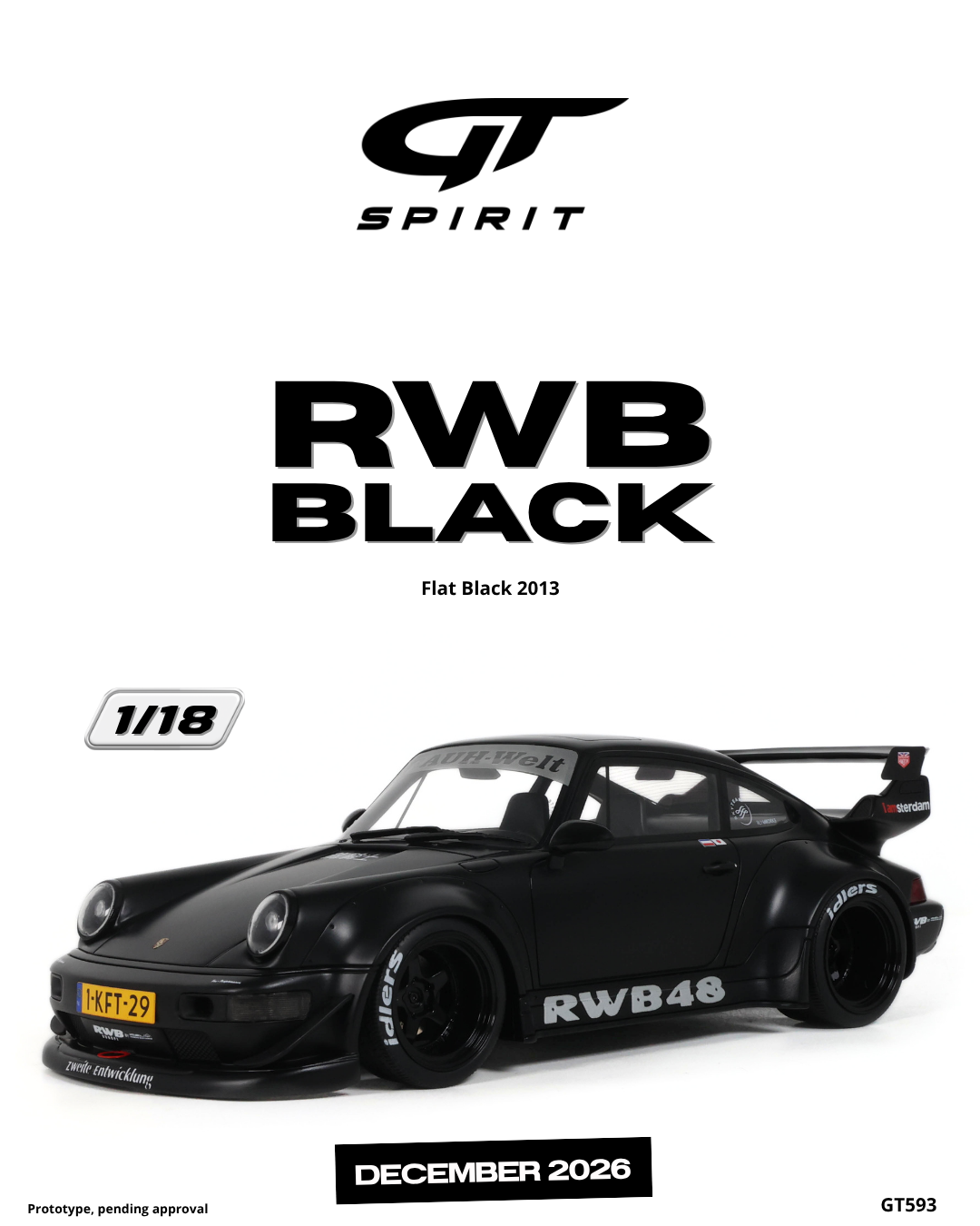 GT Spirit 1:18 Scale Resin,  2013 Porsche 911 RWB BLACK, FLAT BLACK - GT593
