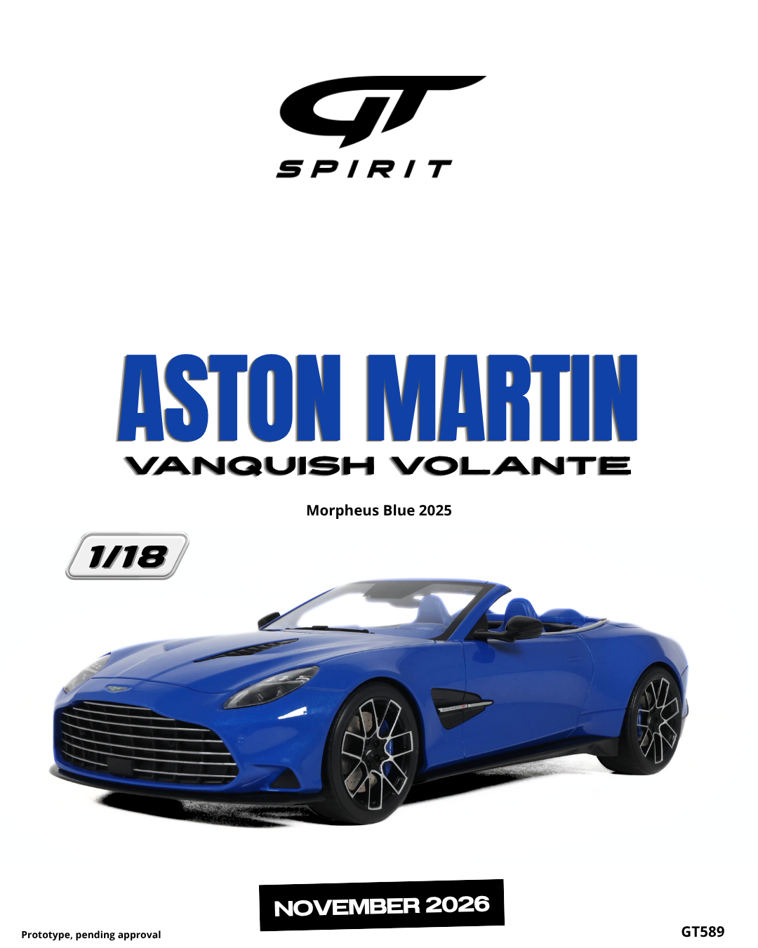 GT Spirit 1:18 Scale Resin, 2025 ASTON MARTIN  VANQUISH VOLANTE, MORPHEUS BLUE - GT589