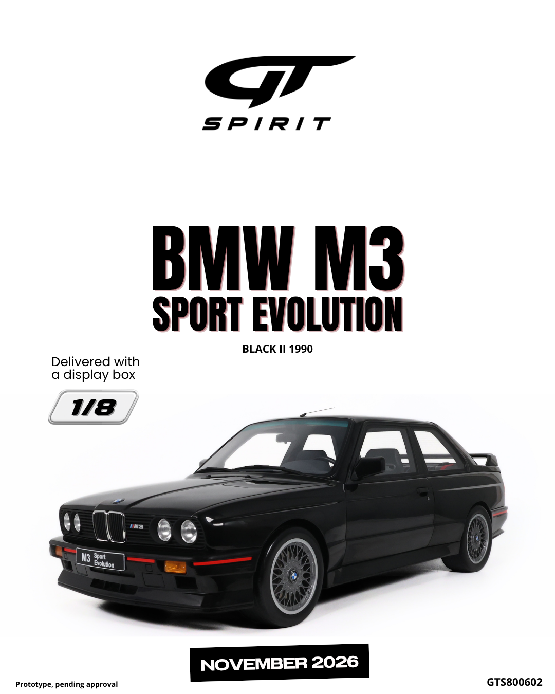 GT Spirit 1:8 Scale Resin, 1990 BMW M3 SPORT EVOLUTION, BLACK II - GTS800602