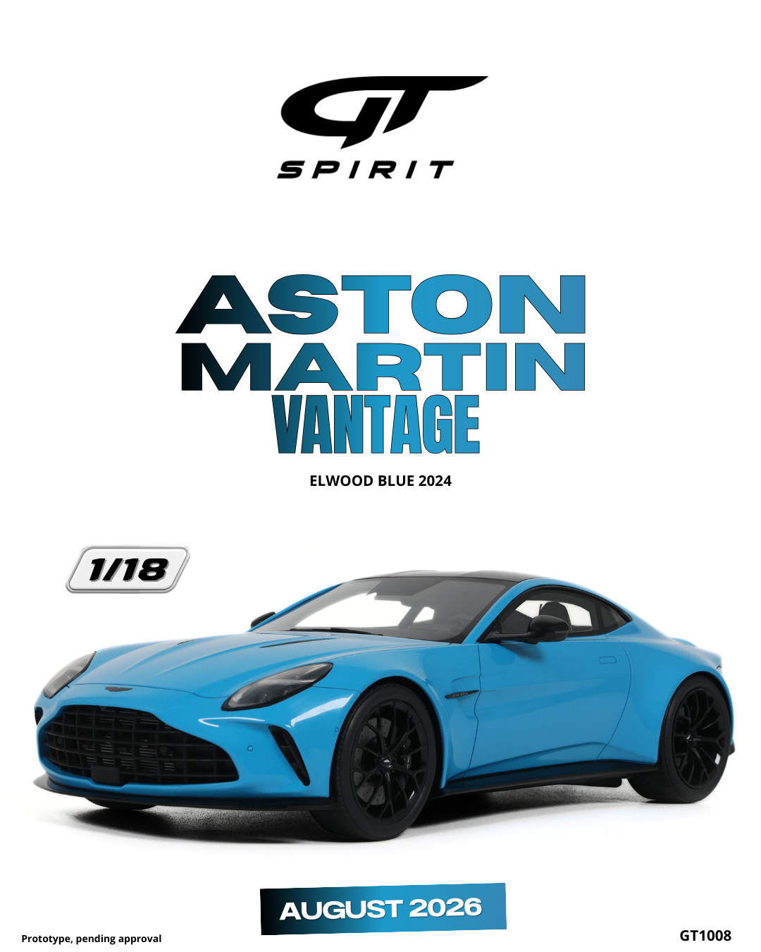 GT Spirit 1:18 Scale Resin, 2024 ASTON MARTIN VANTAGE, ELWOOD BLUE - GT1008