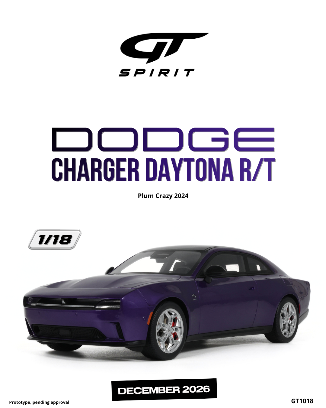 GT Spirit 1:18 Scale Resin,  2024 DODGE CHARGER  DAYTONA R/T, PLUM CRAZY - GT1018