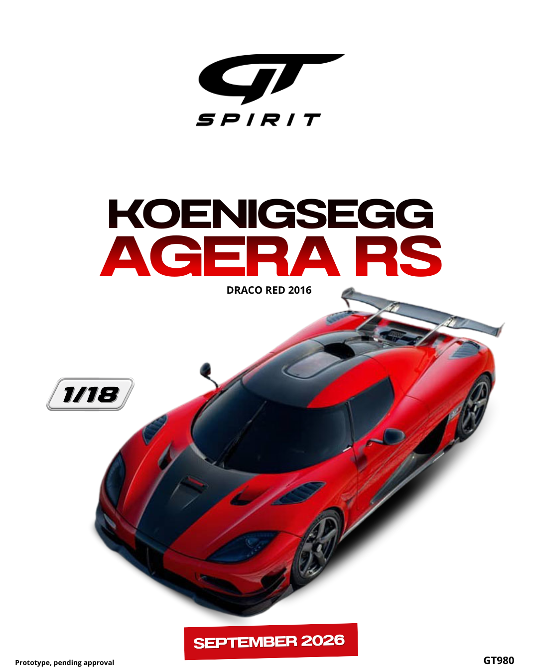GT Spirit 1:18 Scale Resin, 2016 KOENIGSEGG AGERA RS, DRACO RED - GT980