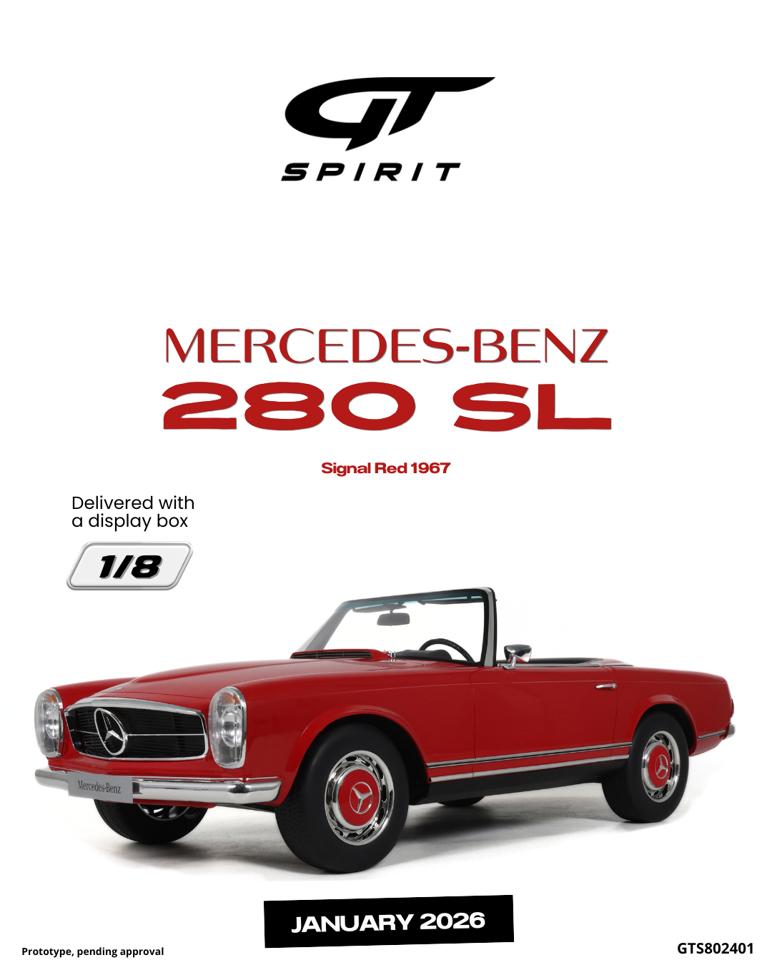 GT Spirit 1:8 Scale Resin, 1967 MERCEDES-BENZ 280 SL, SIGNAL RED - GTS802401