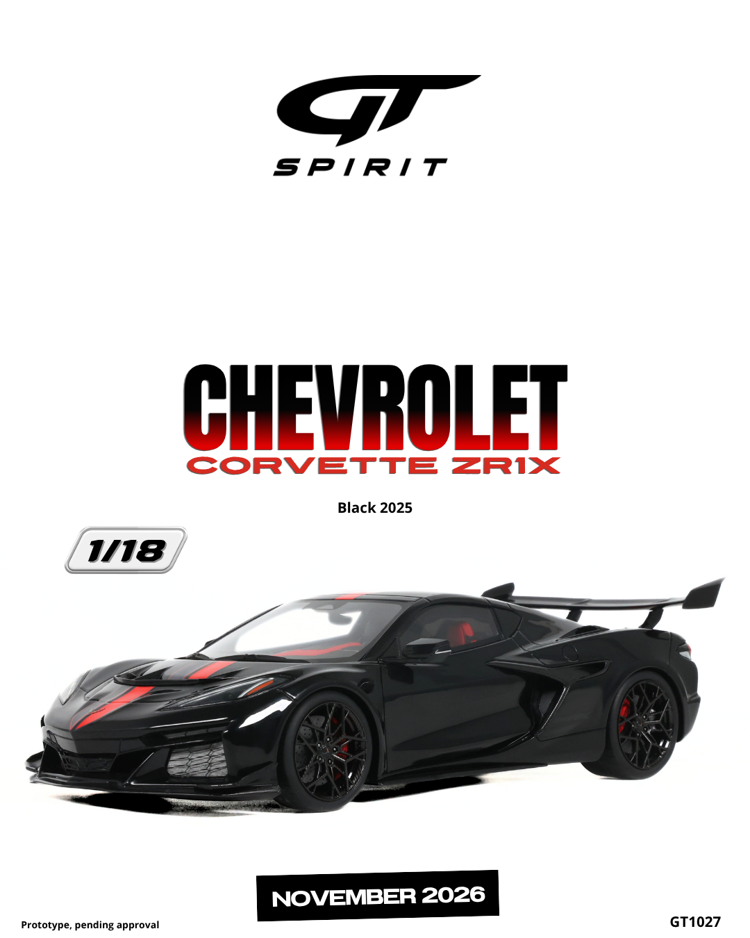 GT Spirit 1:18 Scale Resin, 2025 CHEVROLET CORVETTE ZR1X, BLACK - GT1027