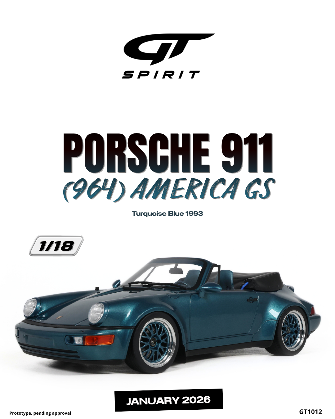 GT Spirit 1:18 Scale Resin, 1993 PORSCHE 911 (964) AMERICA GS, TURQUOISE BLUE - GT1012
