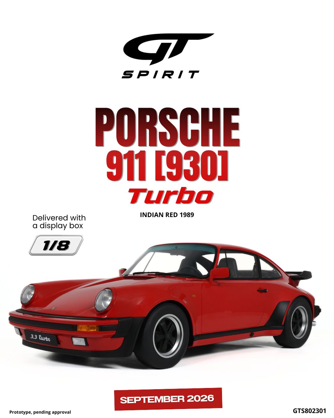 GT Spirit 1:8 Scale Resin, 1989 PORSCHE 911 [930] TURBO 3.3, INDIAN RED - GTS802301