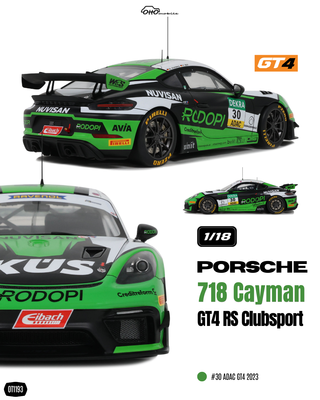 OTTO 1:18 Scale Resin - 2023 PORSCHE CAYMAN 718 GT4 RS CLUBSPORT BLACK #30 ADAC GT4 - OT1193