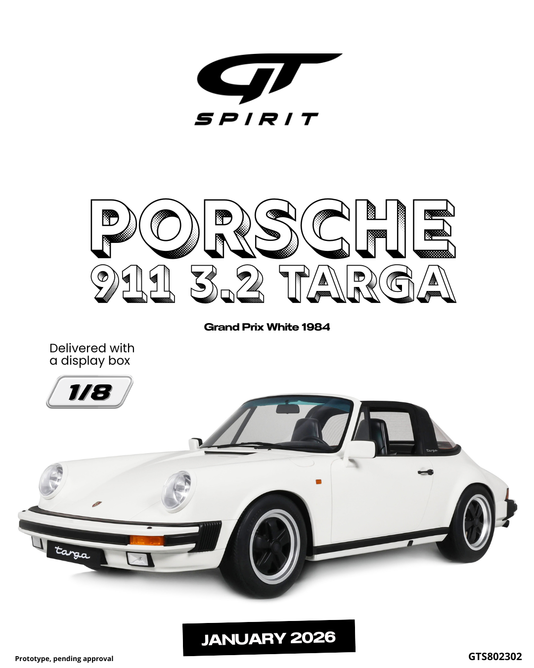 GT Spirit 1:8 Scale Resin, 1984 PORSCHE 911 3.2 TARGA, GRAND PRIX WHITE - GTS802302