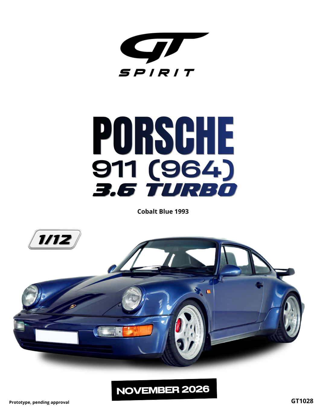 GT Spirit 1:12 Scale Resin, 1993 PORSCHE 911 (964) 3.6 TURBO, COBALT BLUE - GT1028