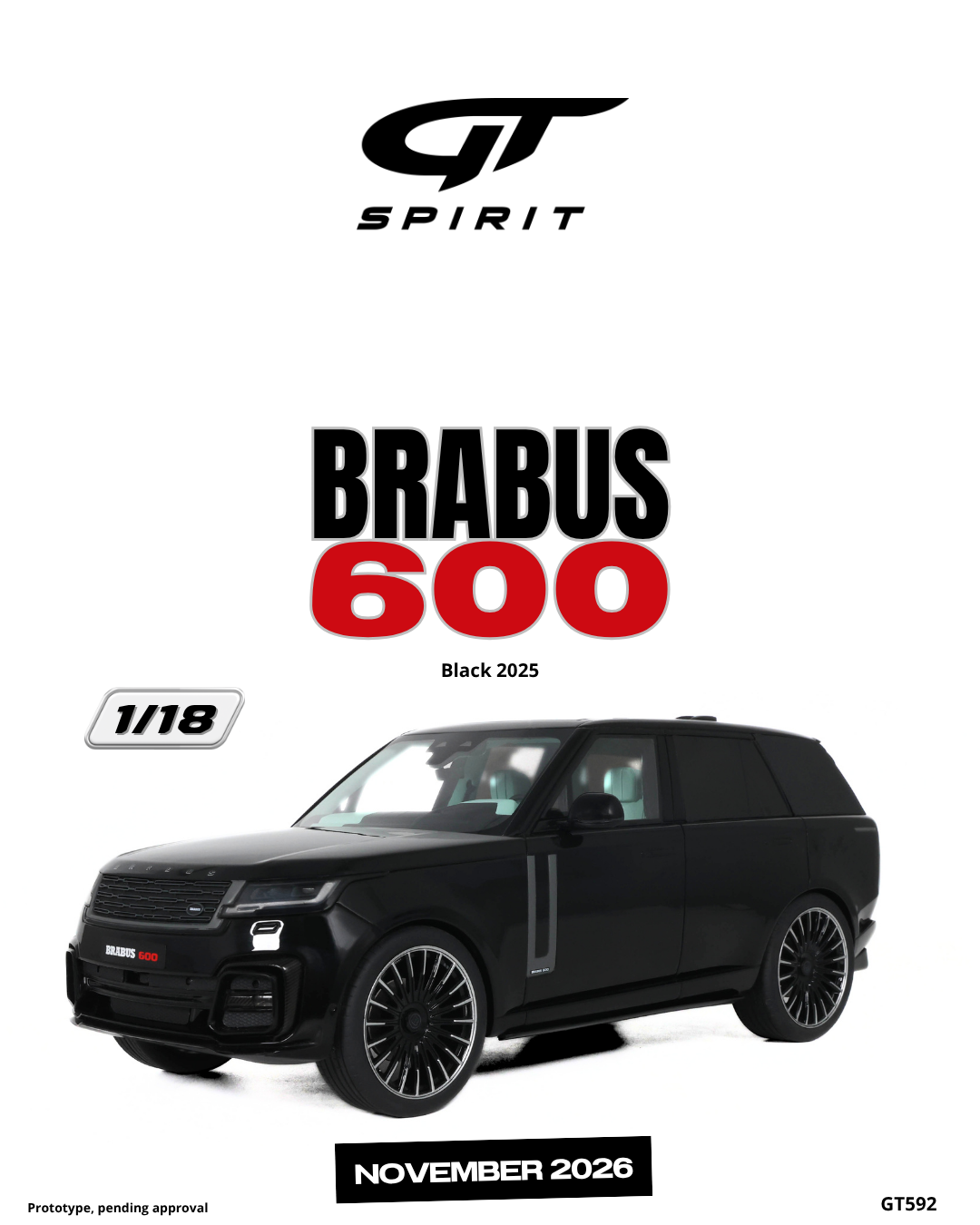 GT Spirit 1:18 Scale Resin, 2025 BRABUS Range Rover 600, BLACK - GT592