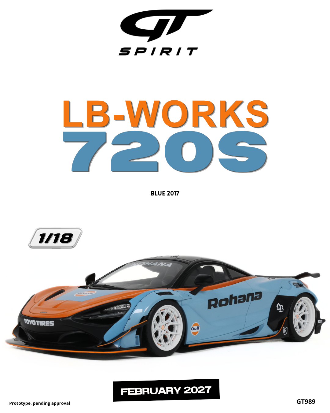 GT Spirit 1:18 Scale Resin, 2017 McLaren 720S LB-WORKS 720S, ORANGE & BLUE - GT989